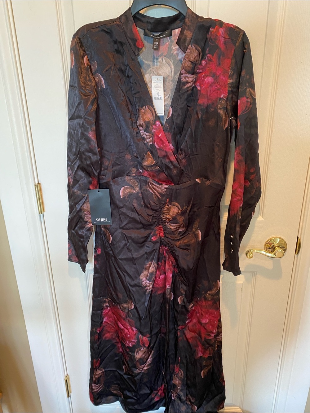 White House Black Market Black Floral satin shirred Midi Dress Sz 10 New